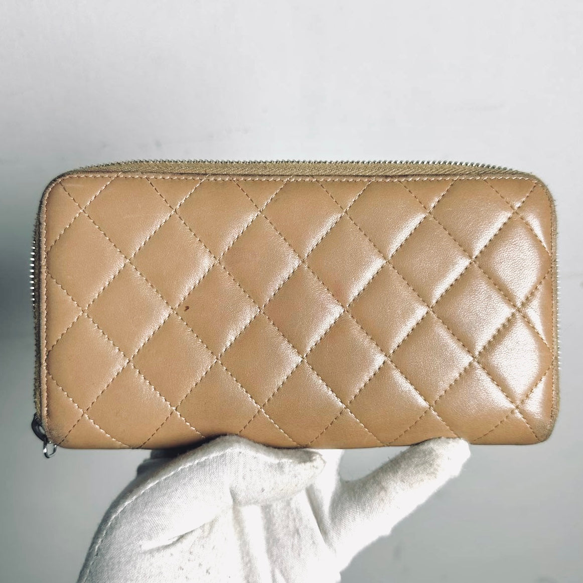 Chanel Zippy Warm Taupe Beige CC Logo Quilted Lambskin Zip Around Long Wallet 18s