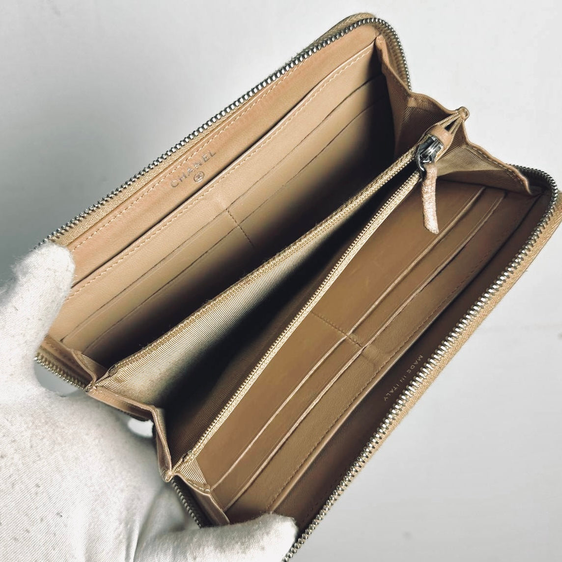 Chanel Zippy Warm Taupe Beige CC Logo Quilted Lambskin Zip Around Long Wallet 18s