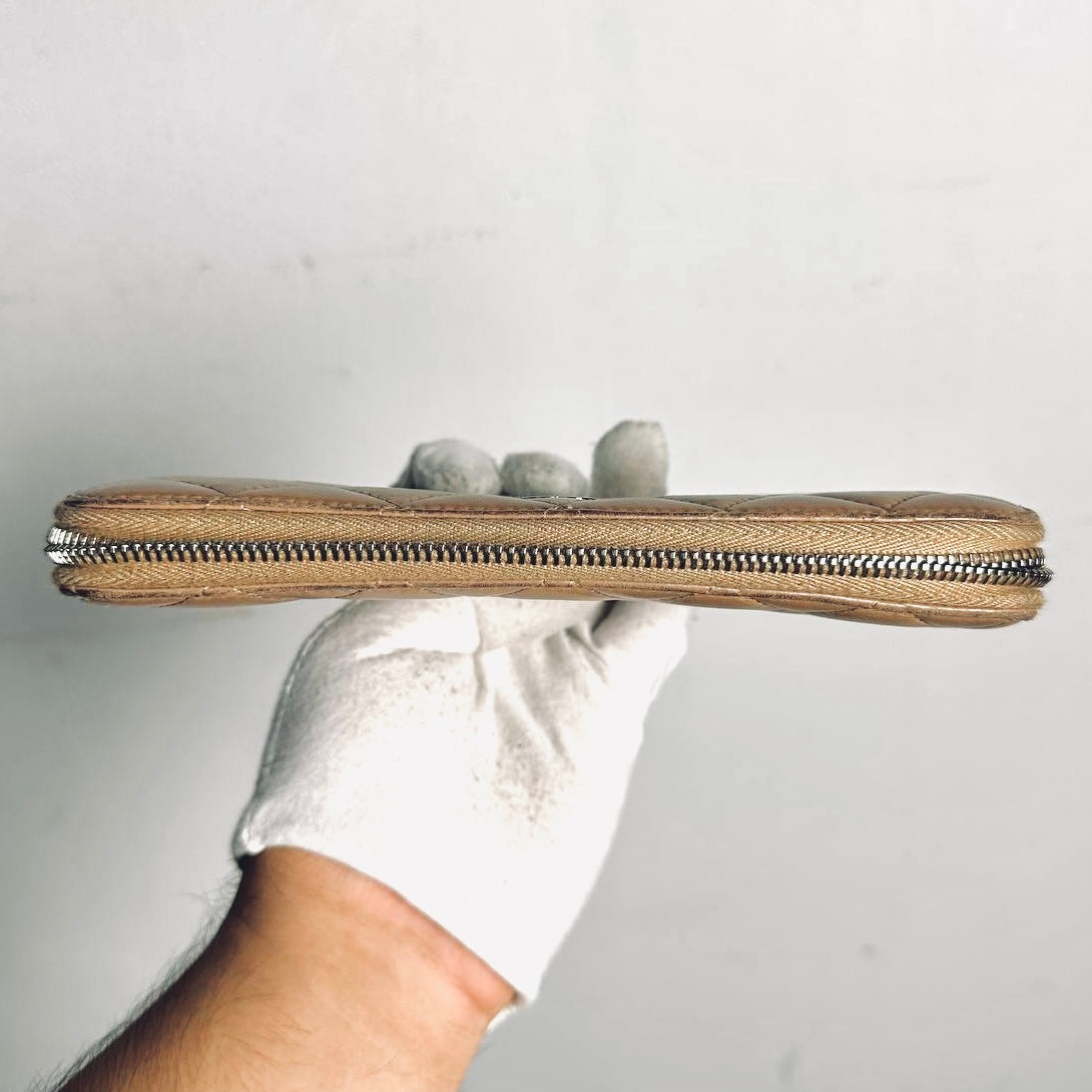 Chanel Zippy Warm Taupe Beige CC Logo Quilted Lambskin Zip Around Long Wallet 18s