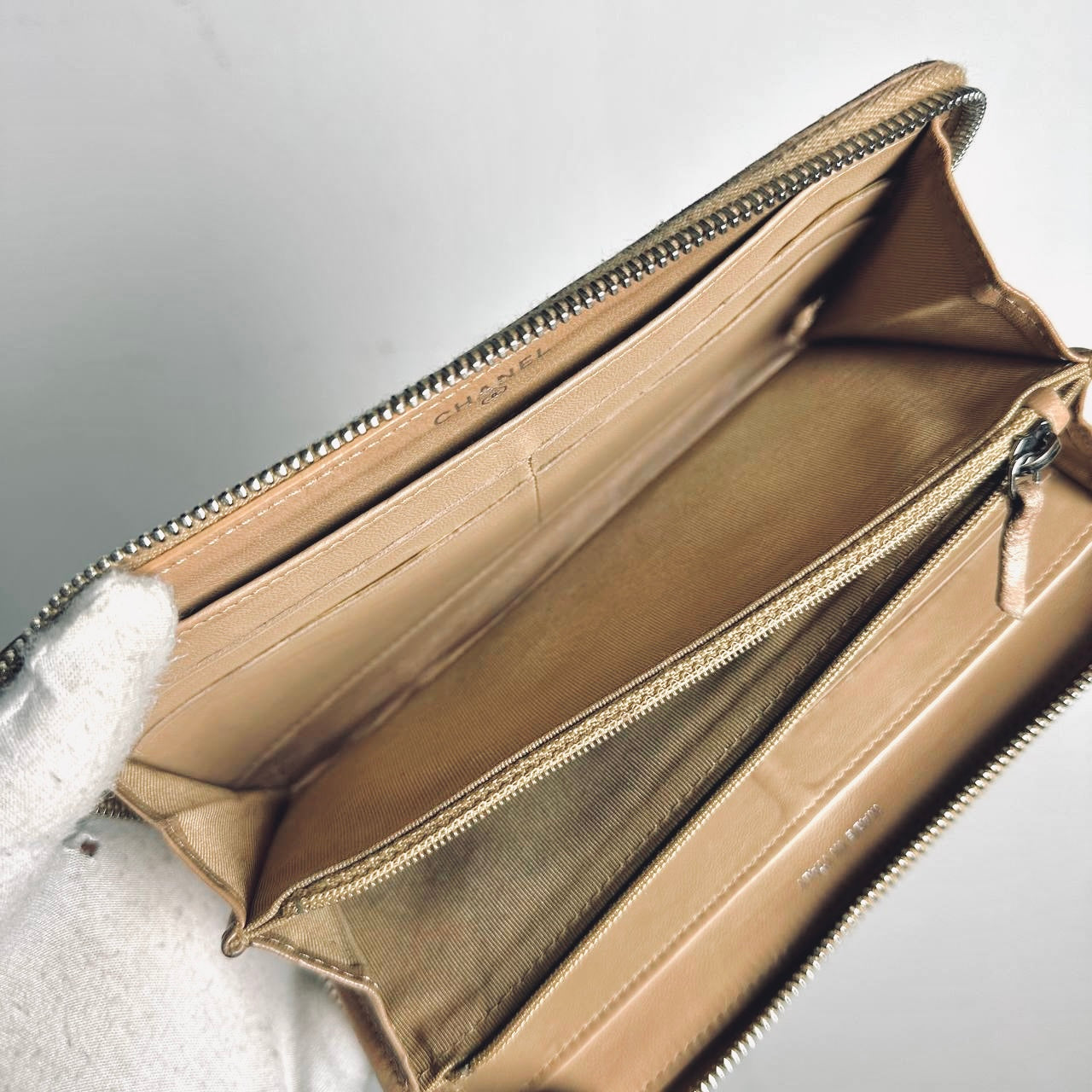 Chanel Zippy Warm Taupe Beige CC Logo Quilted Lambskin Zip Around Long Wallet 18s