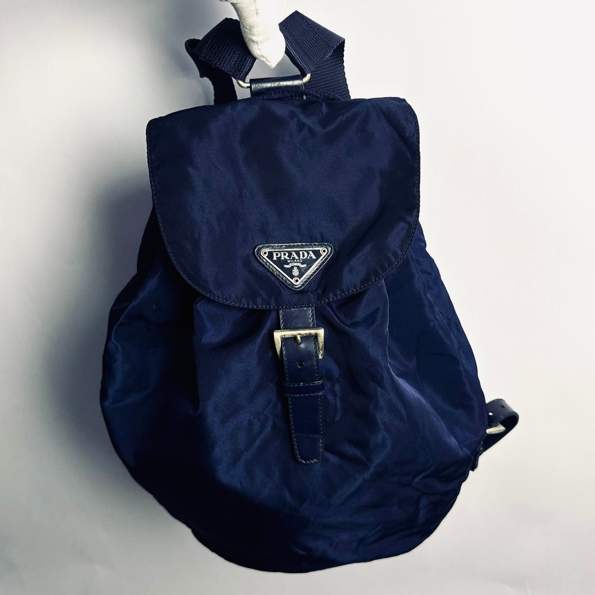 Prada Navy Blue Tessuto Classic Logo Nylon & Leather Small Backpack Flap Drawstring Bag
