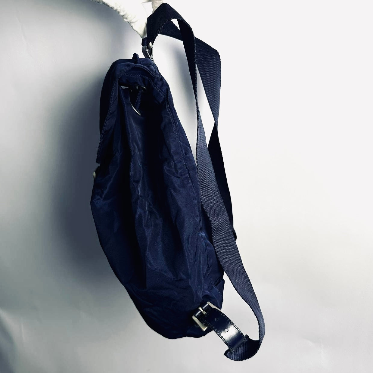 Prada Navy Blue Tessuto Classic Logo Nylon & Leather Small Backpack Flap Drawstring Bag