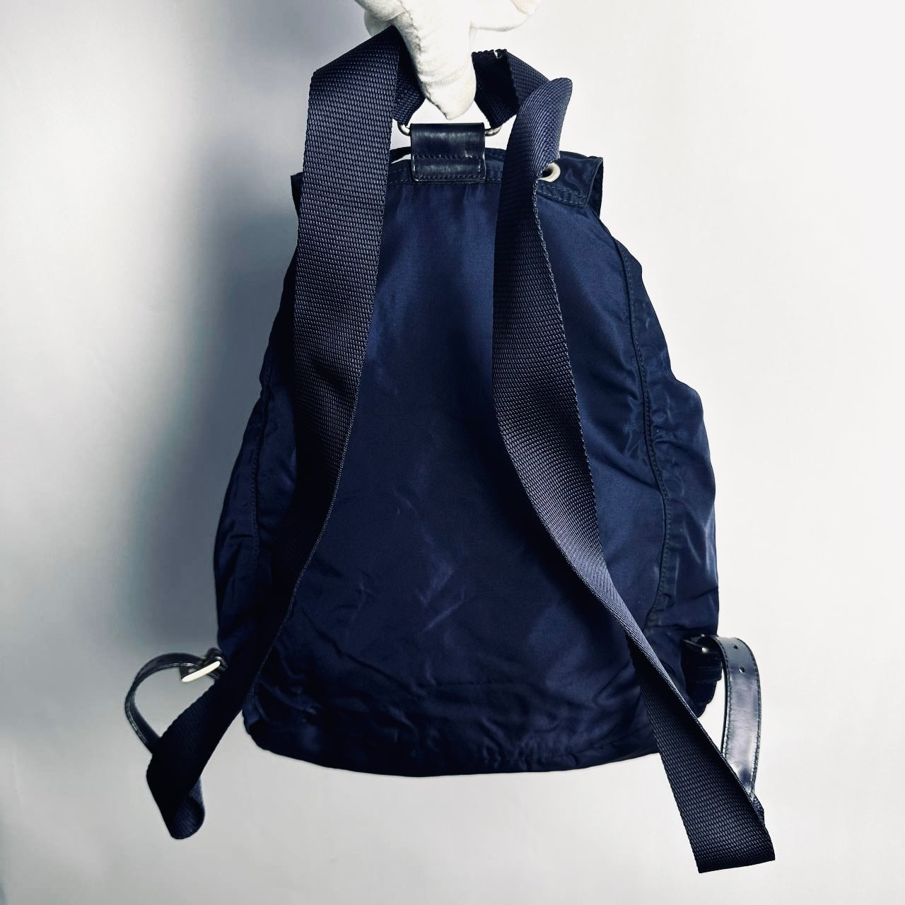 Prada Navy Blue Tessuto Classic Logo Nylon & Leather Small Backpack Flap Drawstring Bag