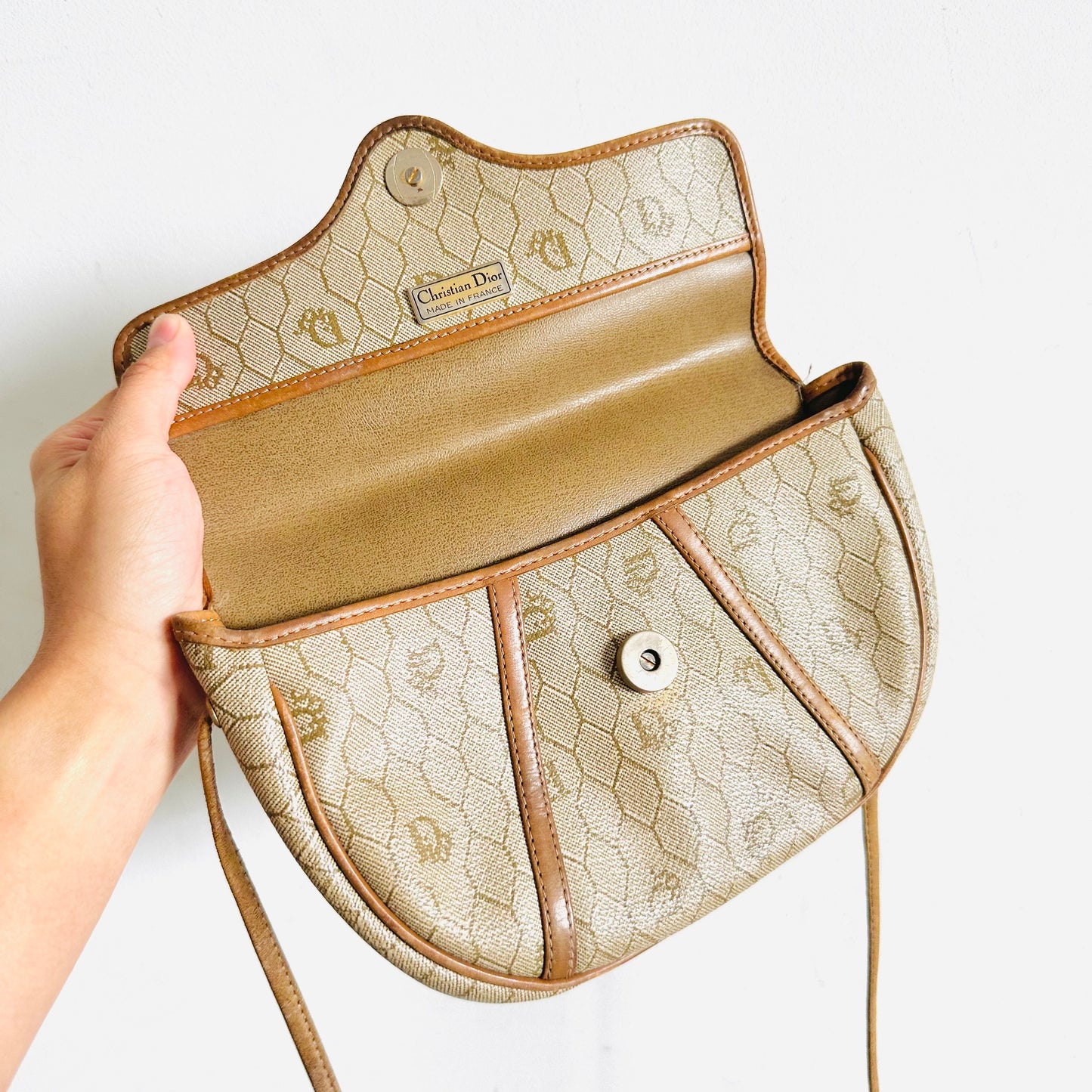 Christian Dior CD Beige Honeycomb Oblique Monogram Logo Vintage Flap Small Shoulder Sling Bag