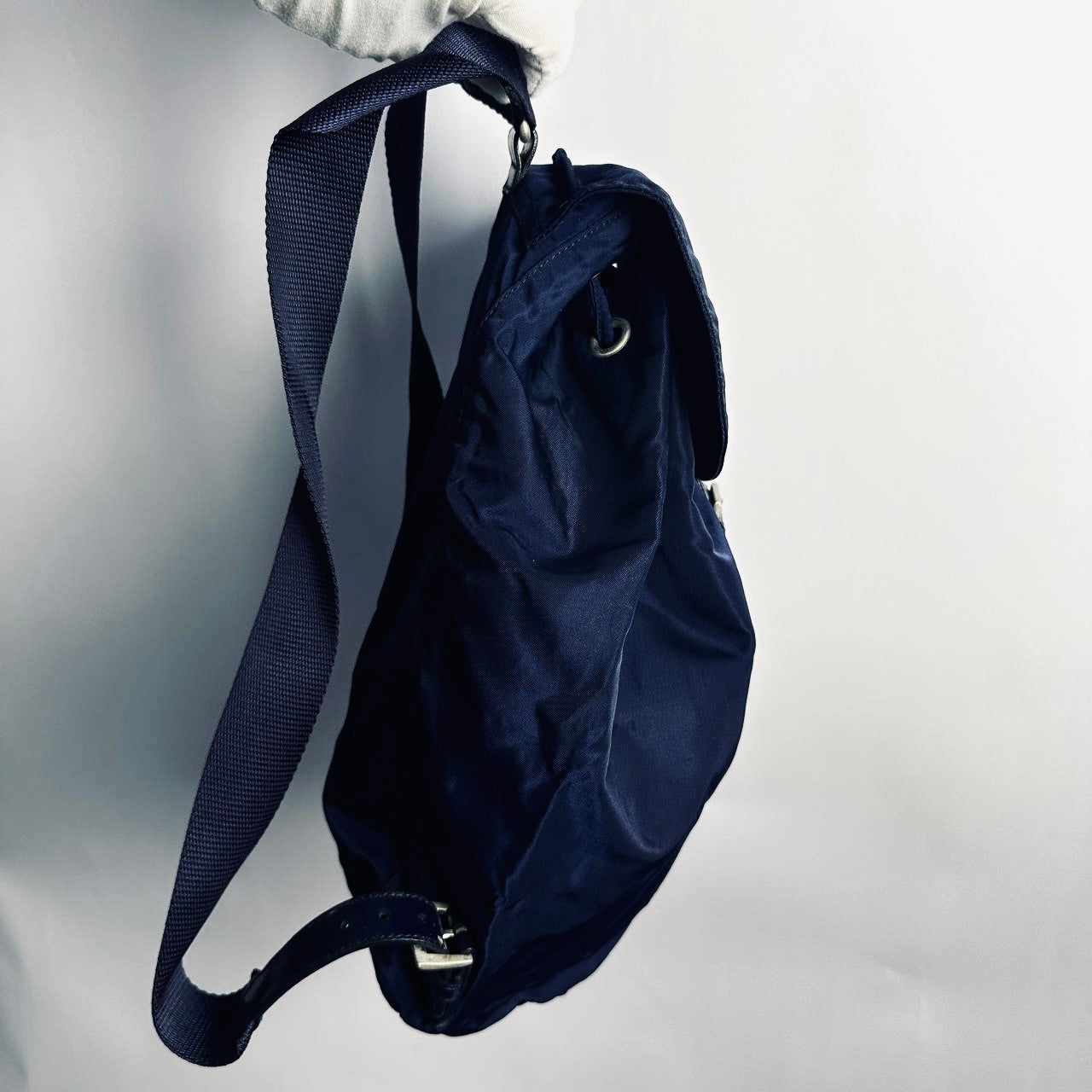 Prada Navy Blue Tessuto Classic Logo Nylon & Leather Small Backpack Flap Drawstring Bag