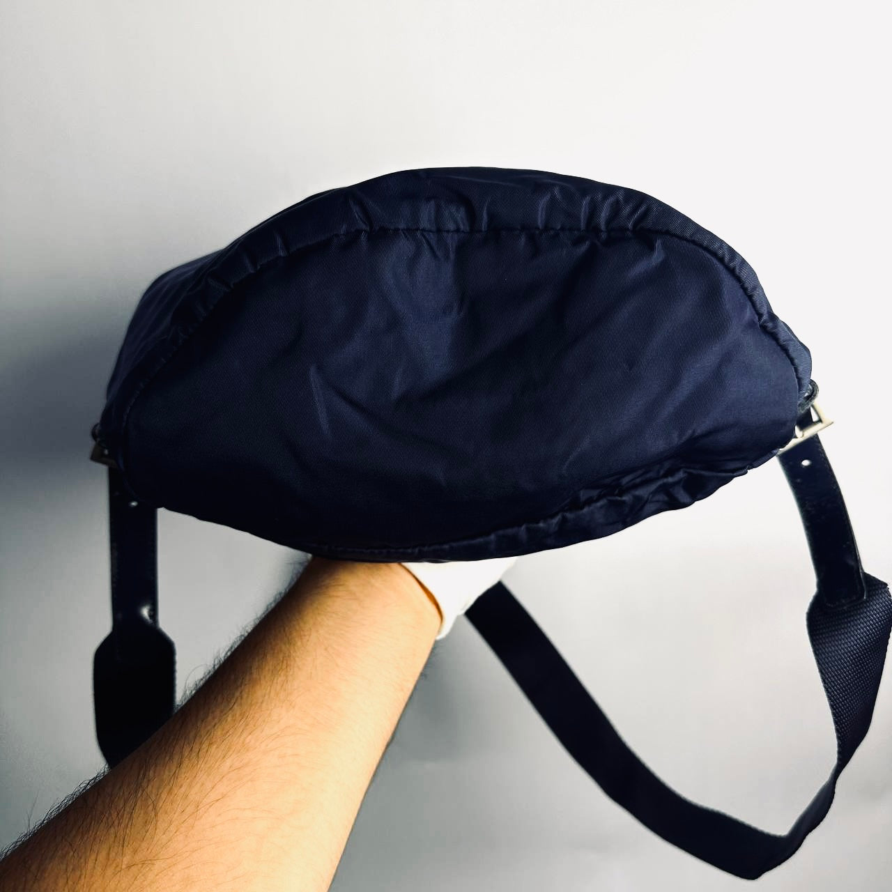 Prada Navy Blue Tessuto Classic Logo Nylon & Leather Small Backpack Flap Drawstring Bag