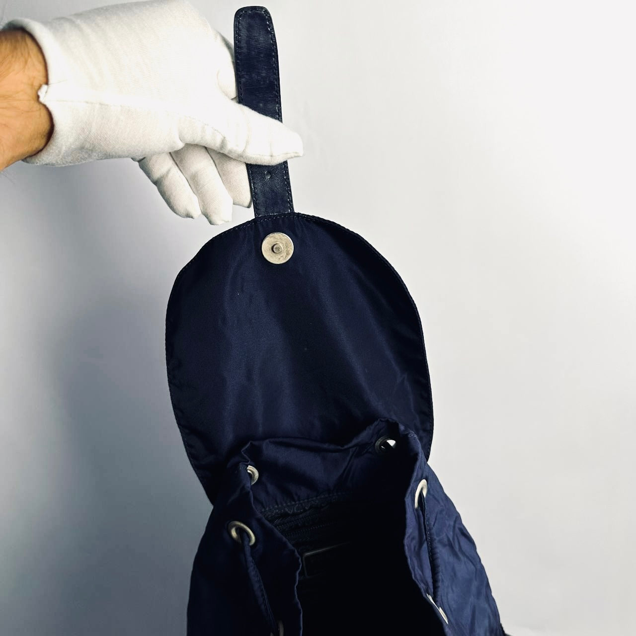 Prada Navy Blue Tessuto Classic Logo Nylon & Leather Small Backpack Flap Drawstring Bag