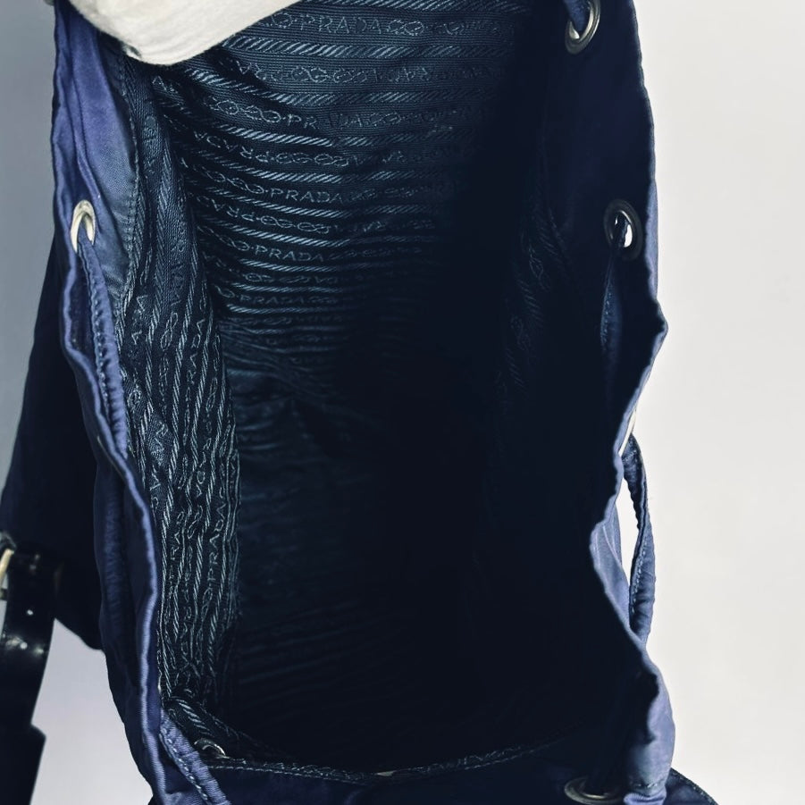 Prada Navy Blue Tessuto Classic Logo Nylon & Leather Small Backpack Flap Drawstring Bag