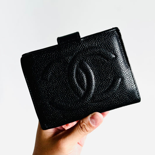 Chanel Black GHW Giant CC Logo Caviar Leather Vintage Flap Bifold Compact Wallet 3s