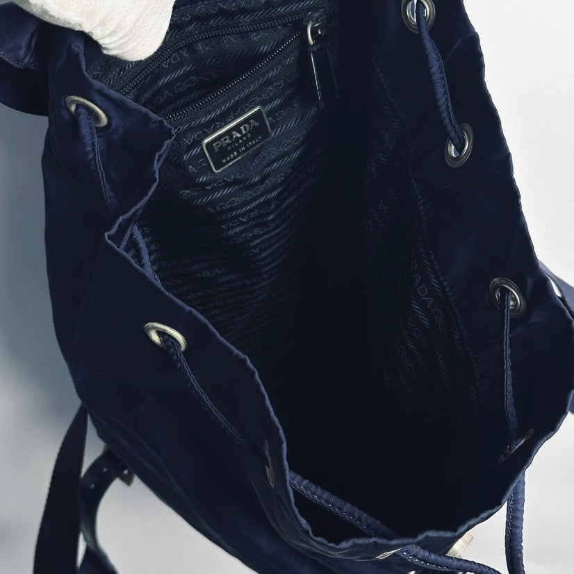 Prada Navy Blue Tessuto Classic Logo Nylon & Leather Small Backpack Flap Drawstring Bag