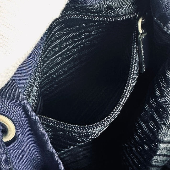Prada Navy Blue Tessuto Classic Logo Nylon & Leather Small Backpack Flap Drawstring Bag