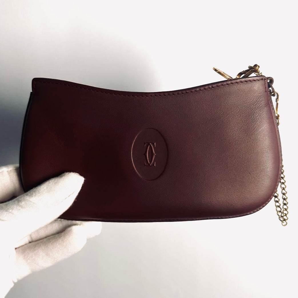 Cartier Must / Mast de Cartier Burgundy Red Maroon GHW Smooth Leather 2-Way Chain Pochette Accessories Wrislet Pouch Clutch Case