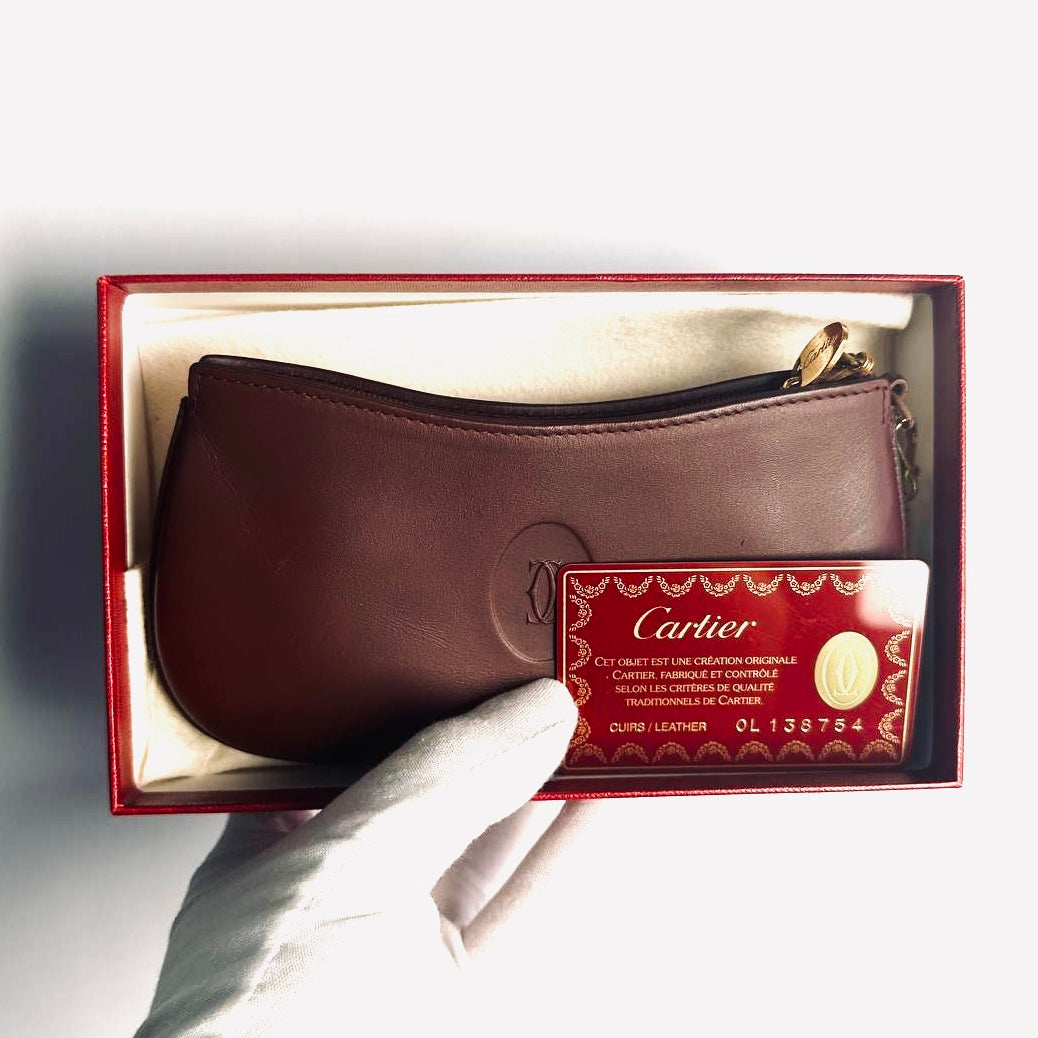 Cartier Must / Mast de Cartier Burgundy Red Maroon GHW Smooth Leather 2-Way Chain Pochette Accessories Wrislet Pouch Clutch Case