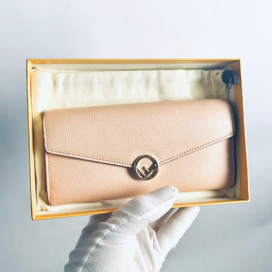 Fendi Blush Pink GHW Giant FF Monogram Logo F-Is Calfskin Leather Flap Long Wallet