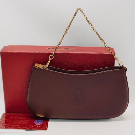 Cartier Must / Mast de Cartier Burgundy Red Maroon GHW Smooth Leather 2-Way Chain Pochette Accessories Wrislet Pouch Clutch Case