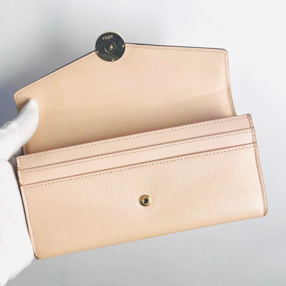 Fendi Blush Pink GHW Giant FF Monogram Logo F-Is Calfskin Leather Flap Long Wallet