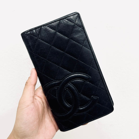 Chanel Cambon Black Giant CC Logo Quilted Lambskin Flap Continental Long Wallet 11s