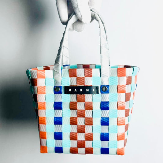 Marni Market Monogram Logo Interwoven Raffia / Leather Basket Bucket Mini Tote Bag