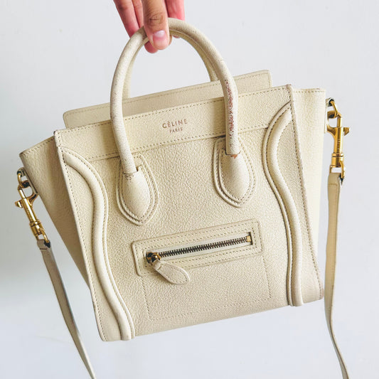 Celine Cream White GHW Nano Luggage Drummed Calfskin Monogram Logo Top Handle Shoulder Sling Bag