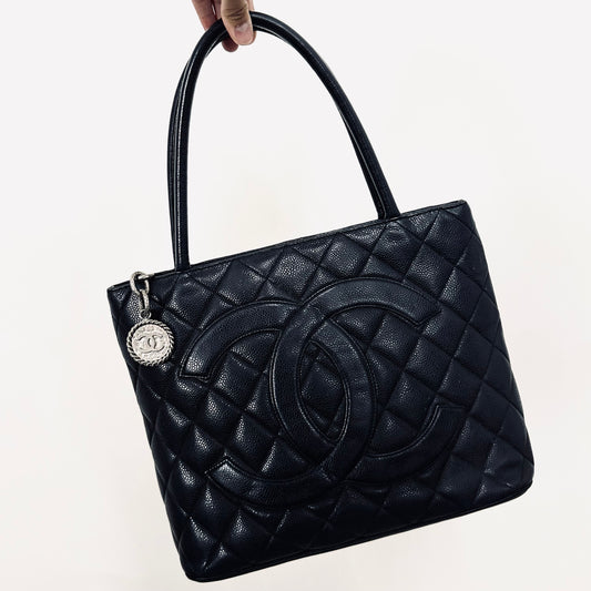 Chanel Black Medallion Giant CC Monogram Logo Quilted Caviar Shoulder Shopper Tote Bag