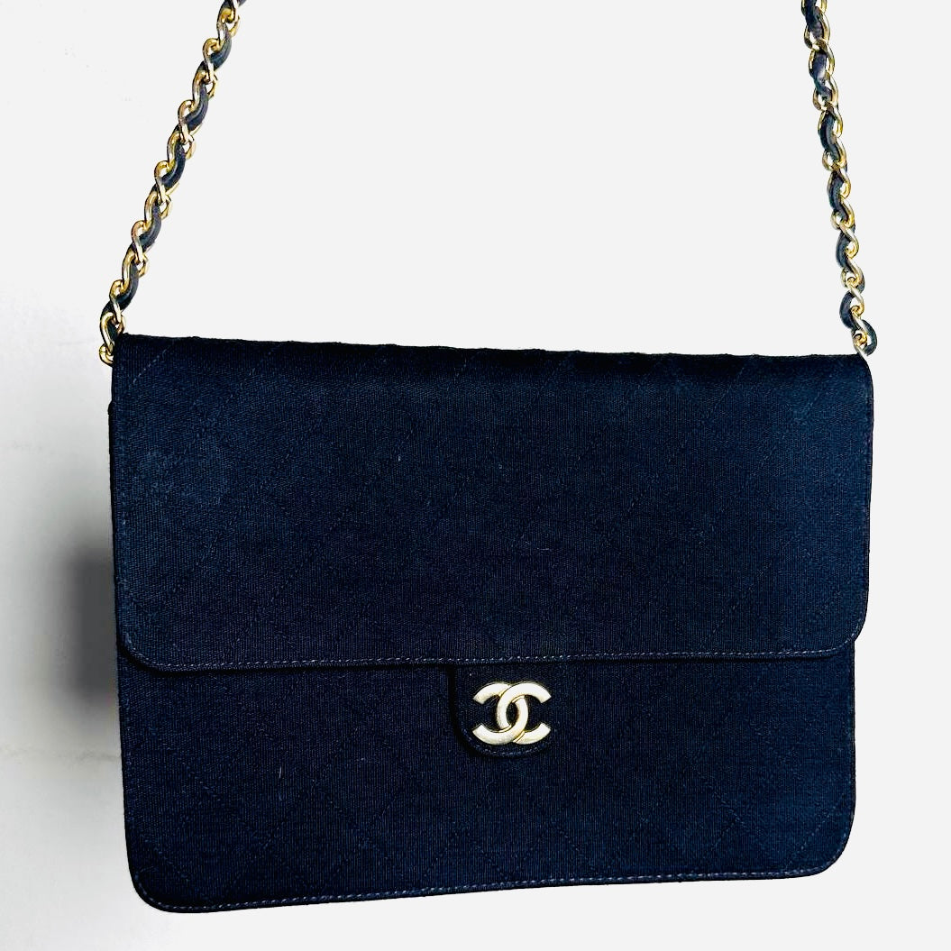 Chanel Navy Blue GHW Quilted Jersey Fabric CC Logo Vintage Small Square Flap Shoulder Sling Bag Pre Series