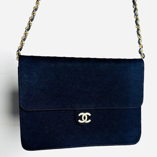 Chanel Navy Blue GHW Quilted Jersey Fabric CC Logo Vintage Small Square Flap Shoulder Sling Bag Pre Series