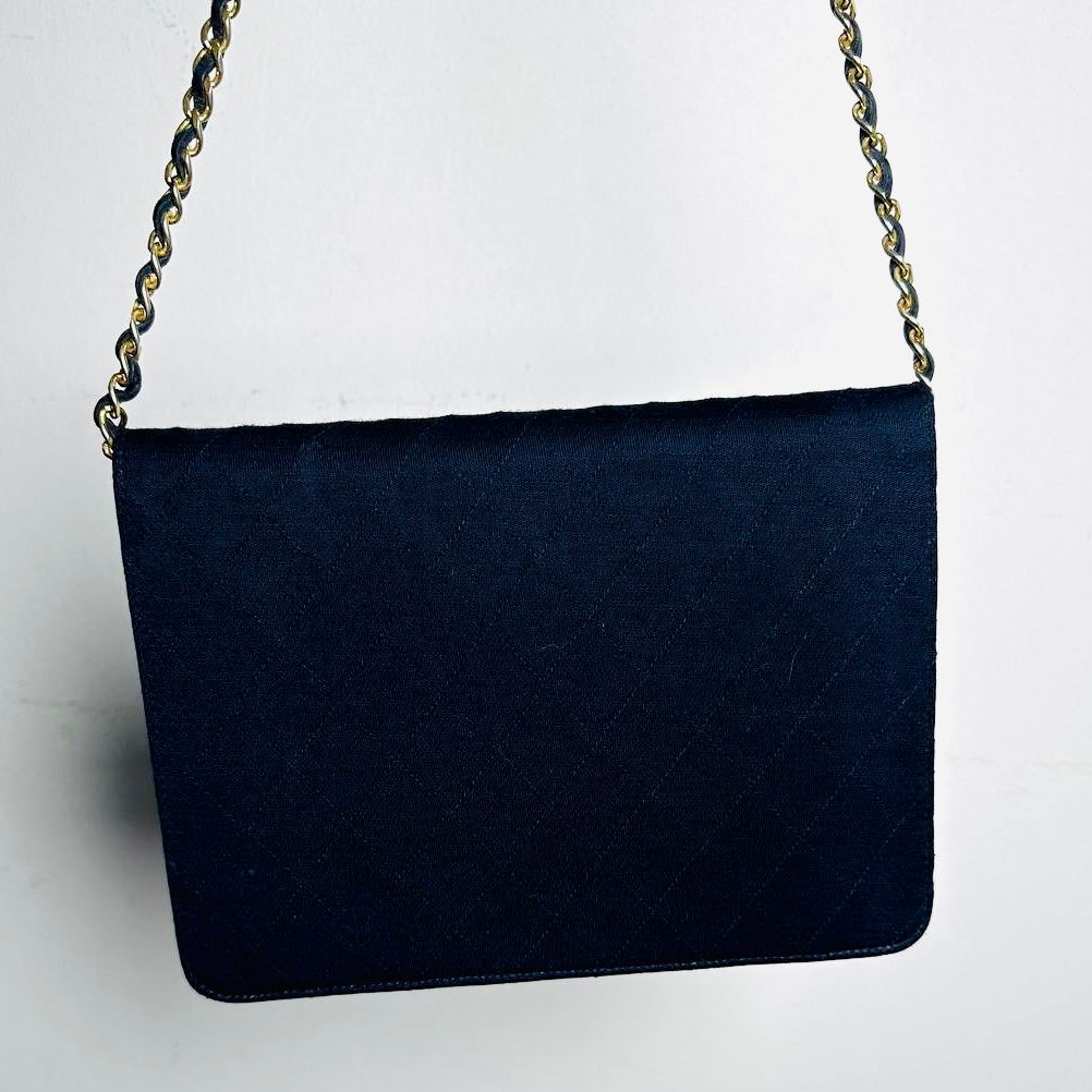 Chanel Navy Blue GHW Quilted Jersey Fabric CC Logo Vintage Small Square Flap Shoulder Sling Bag Pre Series