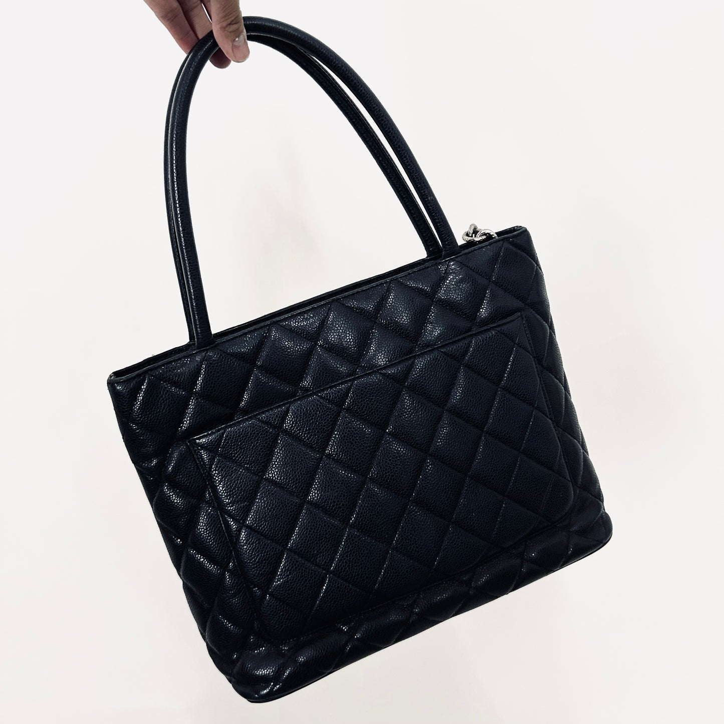 Chanel Black Medallion Giant CC Monogram Logo Quilted Caviar Shoulder Shopper Tote Bag