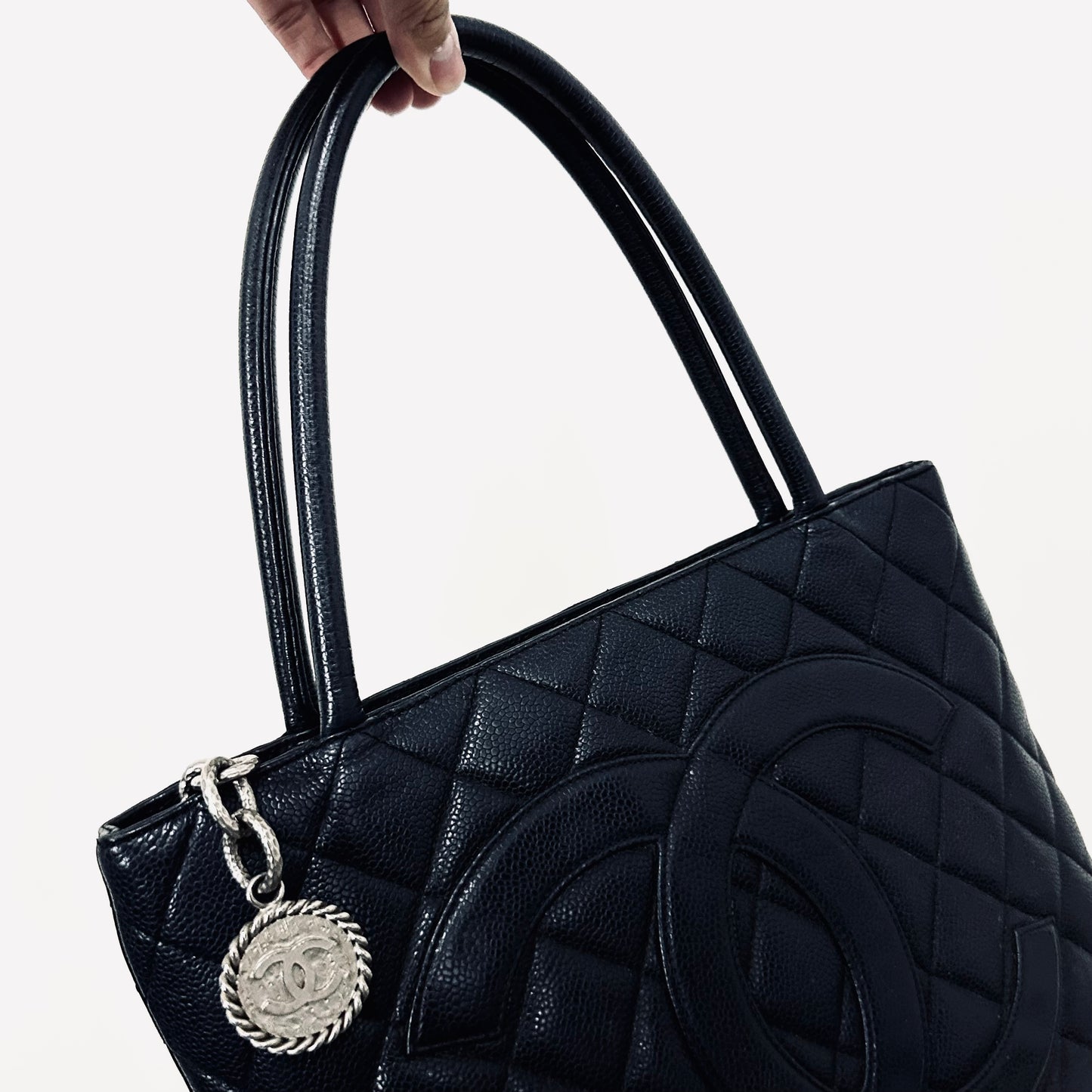 Chanel Black Medallion Giant CC Monogram Logo Quilted Caviar Shoulder Shopper Tote Bag