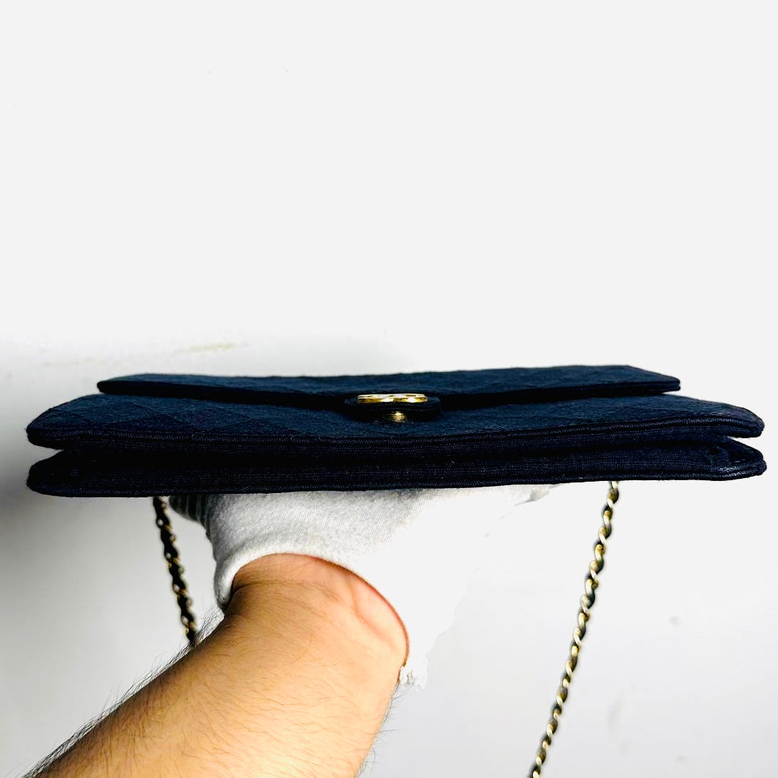 Chanel Navy Blue GHW Quilted Jersey Fabric CC Logo Vintage Small Square Flap Shoulder Sling Bag Pre Series
