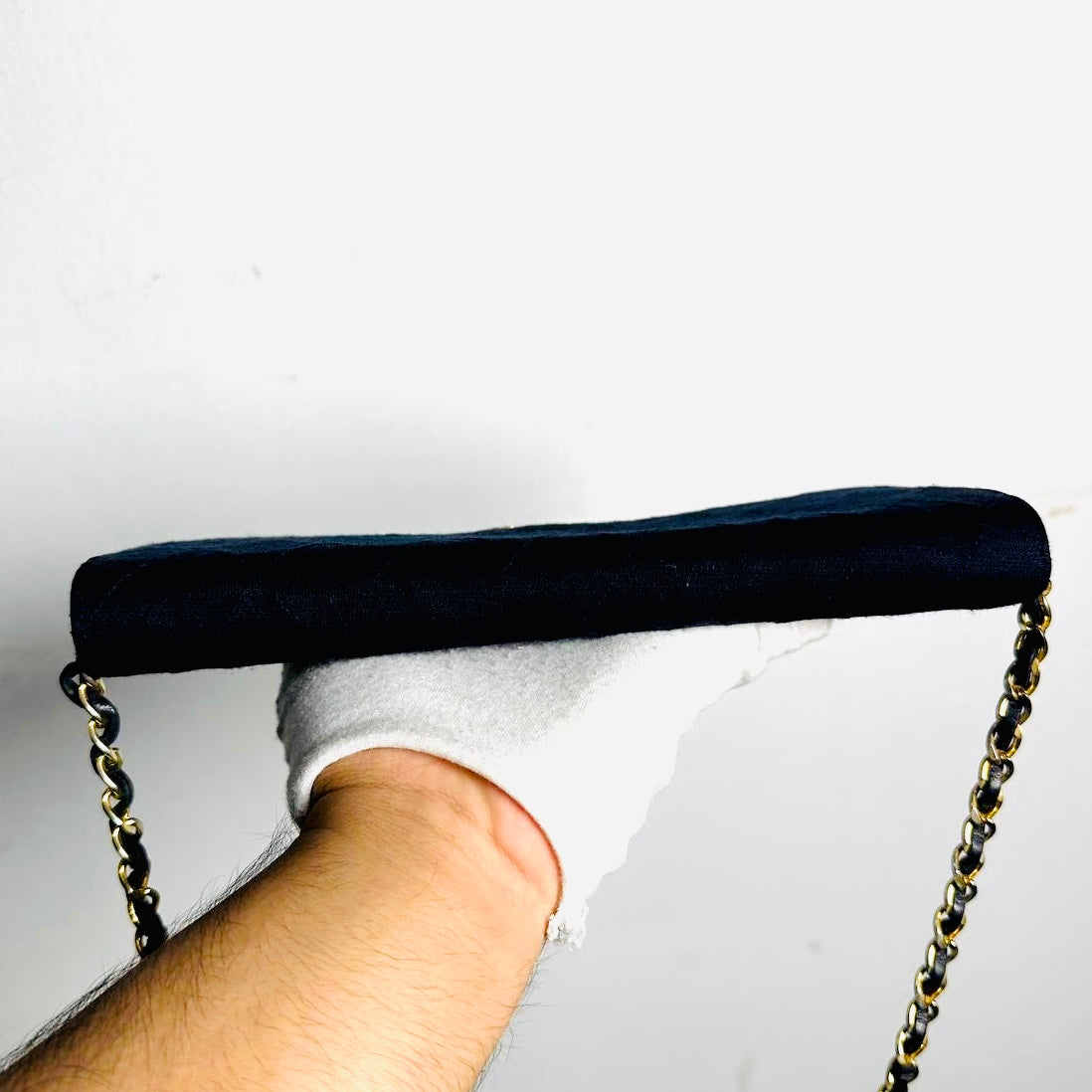 Chanel Navy Blue GHW Quilted Jersey Fabric CC Logo Vintage Small Square Flap Shoulder Sling Bag Pre Series