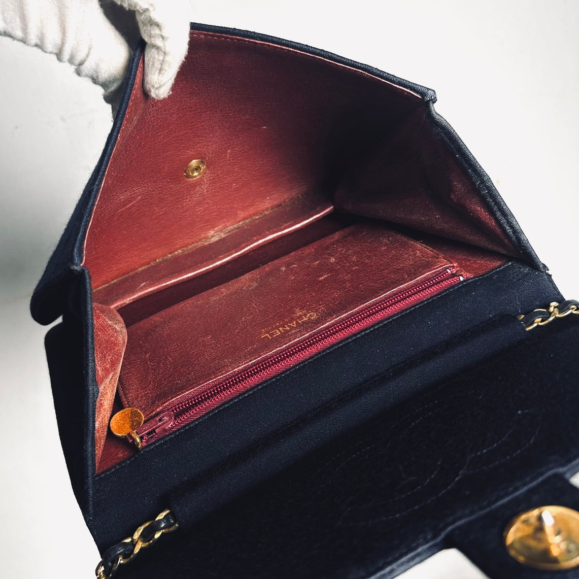 Chanel Navy Blue GHW Quilted Jersey Fabric CC Logo Vintage Small Square Flap Shoulder Sling Bag Pre Series