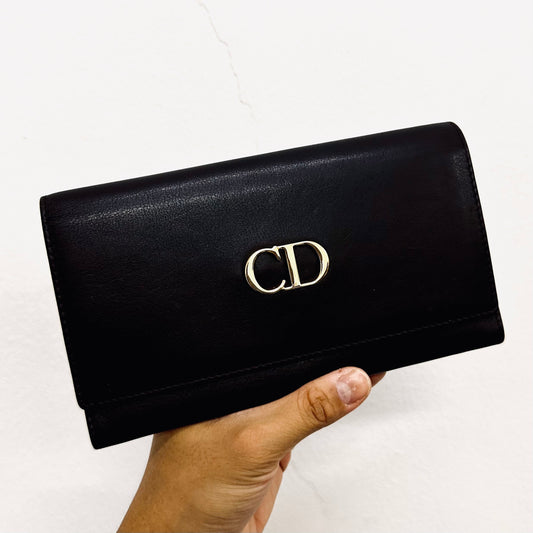 Christian Dior CD Dark Brown GHW Smooth Leather Giant Monogram Logo Flap Continental Long Wallet