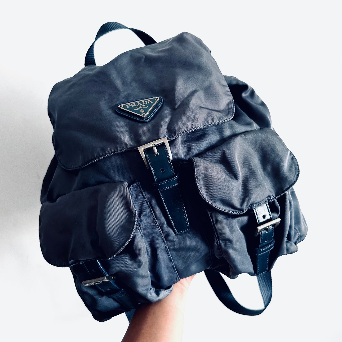 Prada Blue Vela Monogram Logo Nylon & Leather Flap Backpack Drawstring Bag