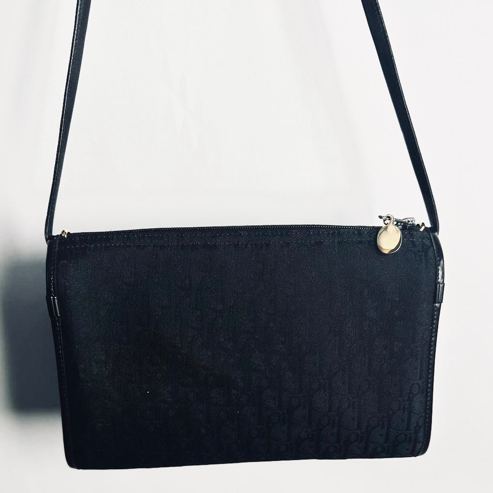 Christian Dior CD Black GHW Iridescent Monogram Logo GHW Zip Shoulder Sling Bag