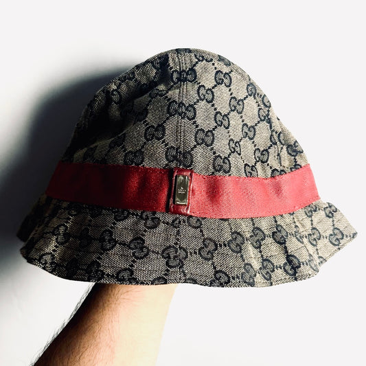 Gucci Ebony / Black GHW GG Monogram Logo Web Striped Bucket Hat