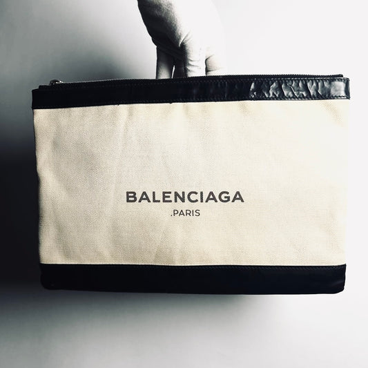 Balenciaga Black / White Everyday Classic Clip Large L Toile / Leather Zip Clutch Folio Pouch Case