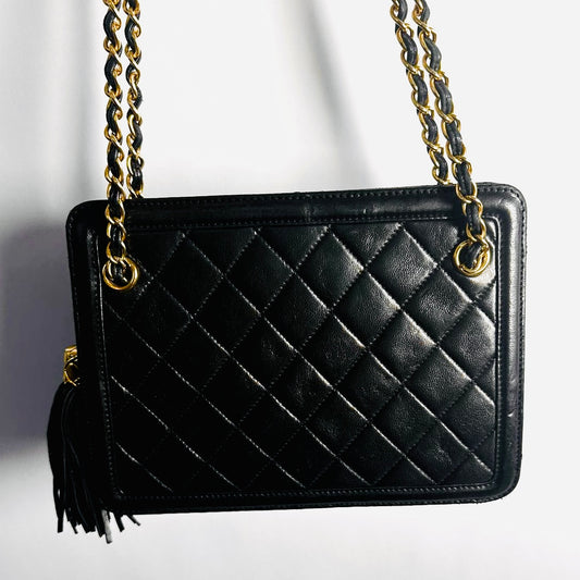 Chanel Black GHW Quilted Lambskin CC Logo Vintage Zip Shoulder Sling Bag 1s with Tassel Fringe