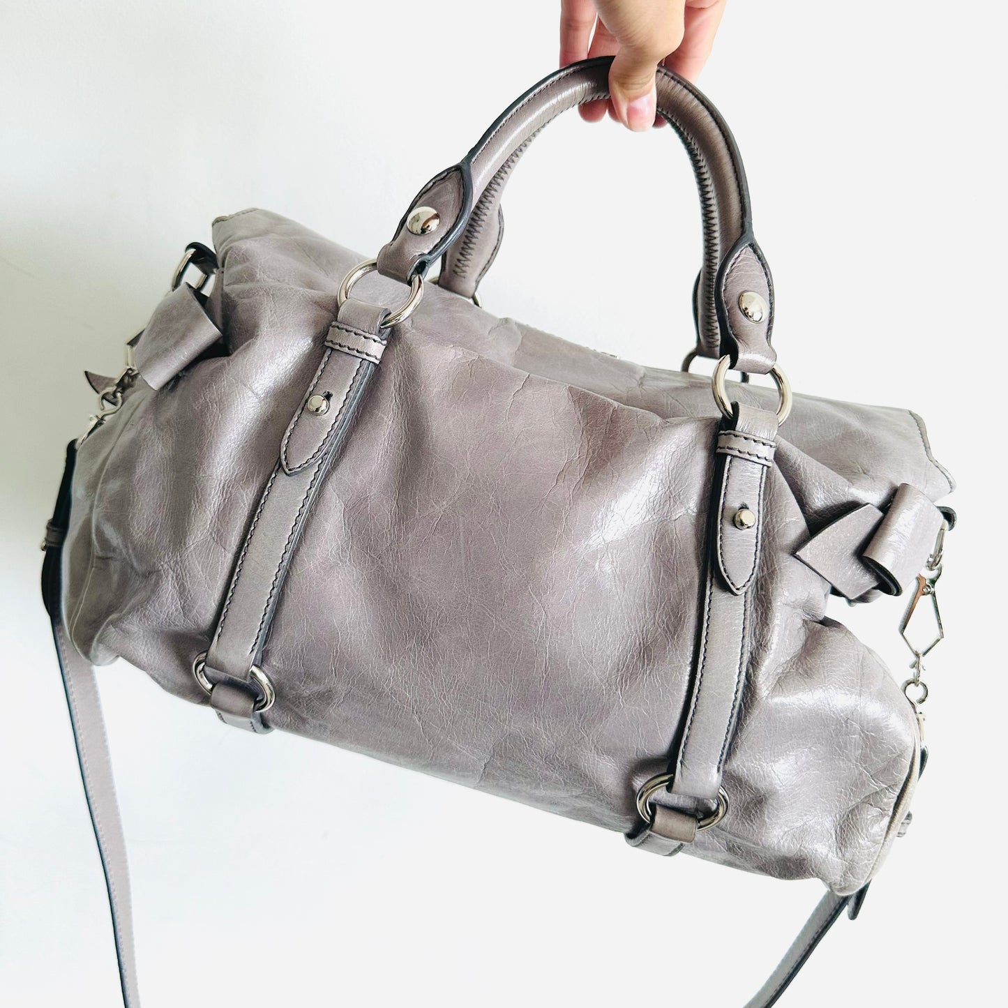 Miu Miu Grey Bow Vitello Lux Classic Logo 2-Way Shopper Shoulder Sling Tote Bag