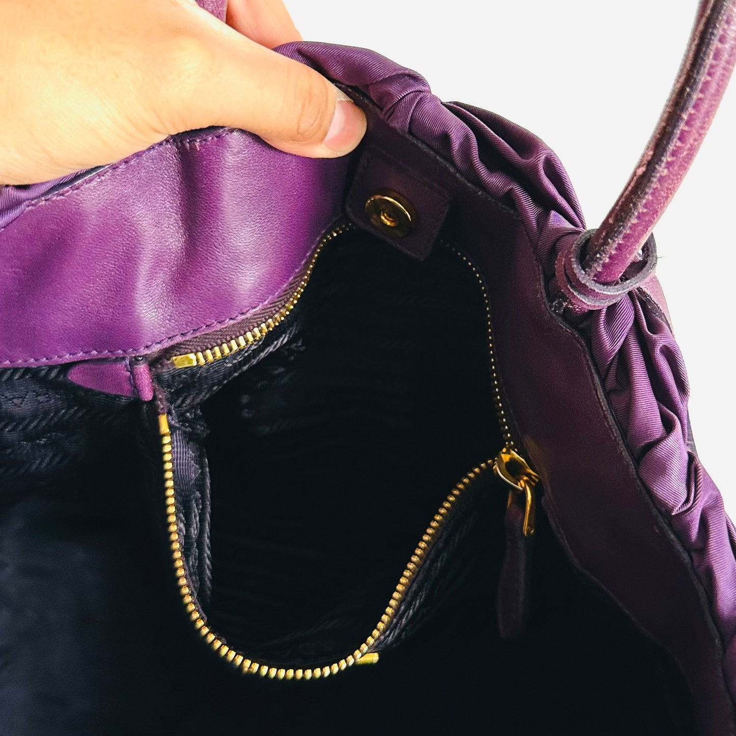 Prada Tessuto Purple GHW Ruched Ruffled Classic Logo Nylon & Leather Shoulder Shopper Tote Bag