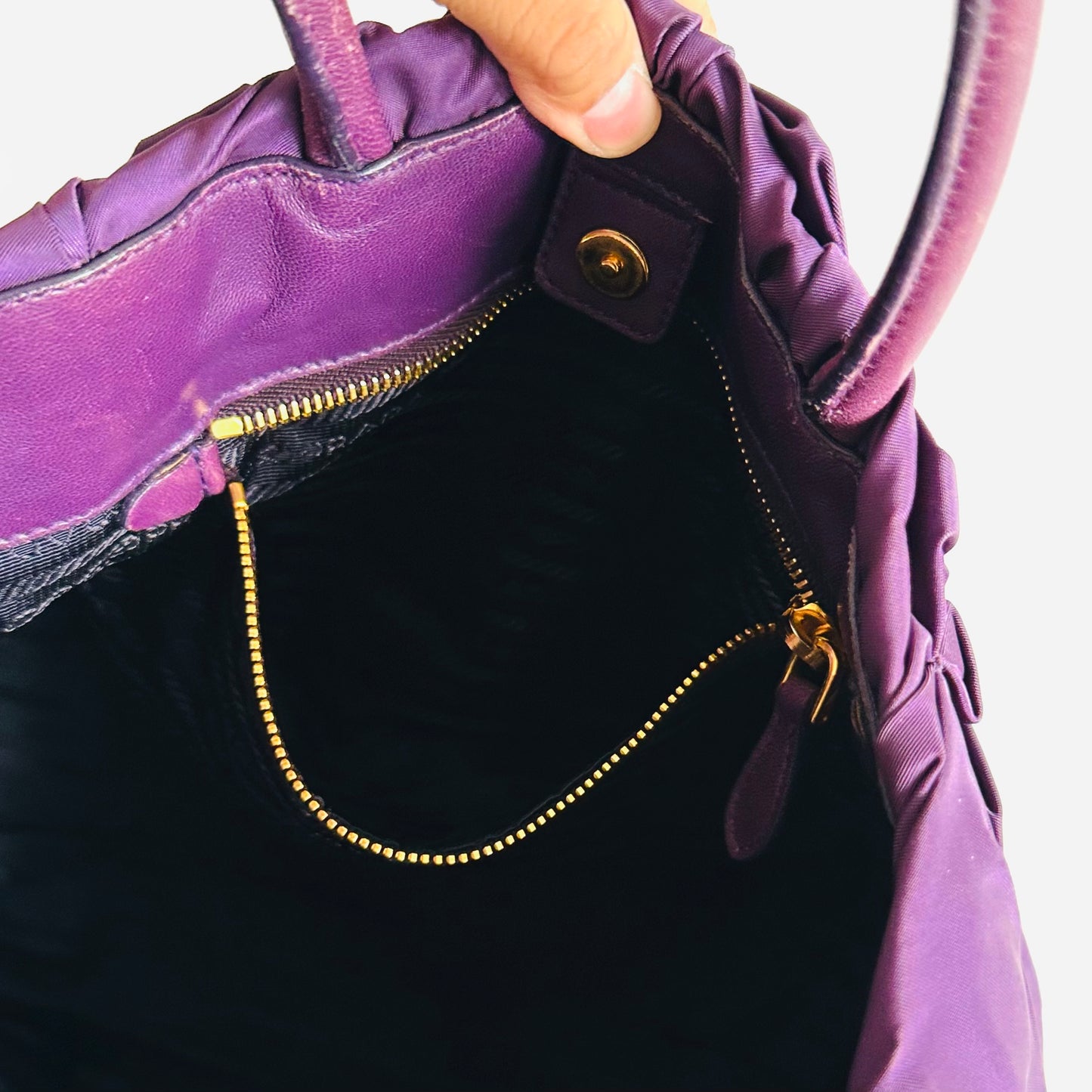 Prada Tessuto Purple GHW Ruched Ruffled Classic Logo Nylon & Leather Shoulder Shopper Tote Bag