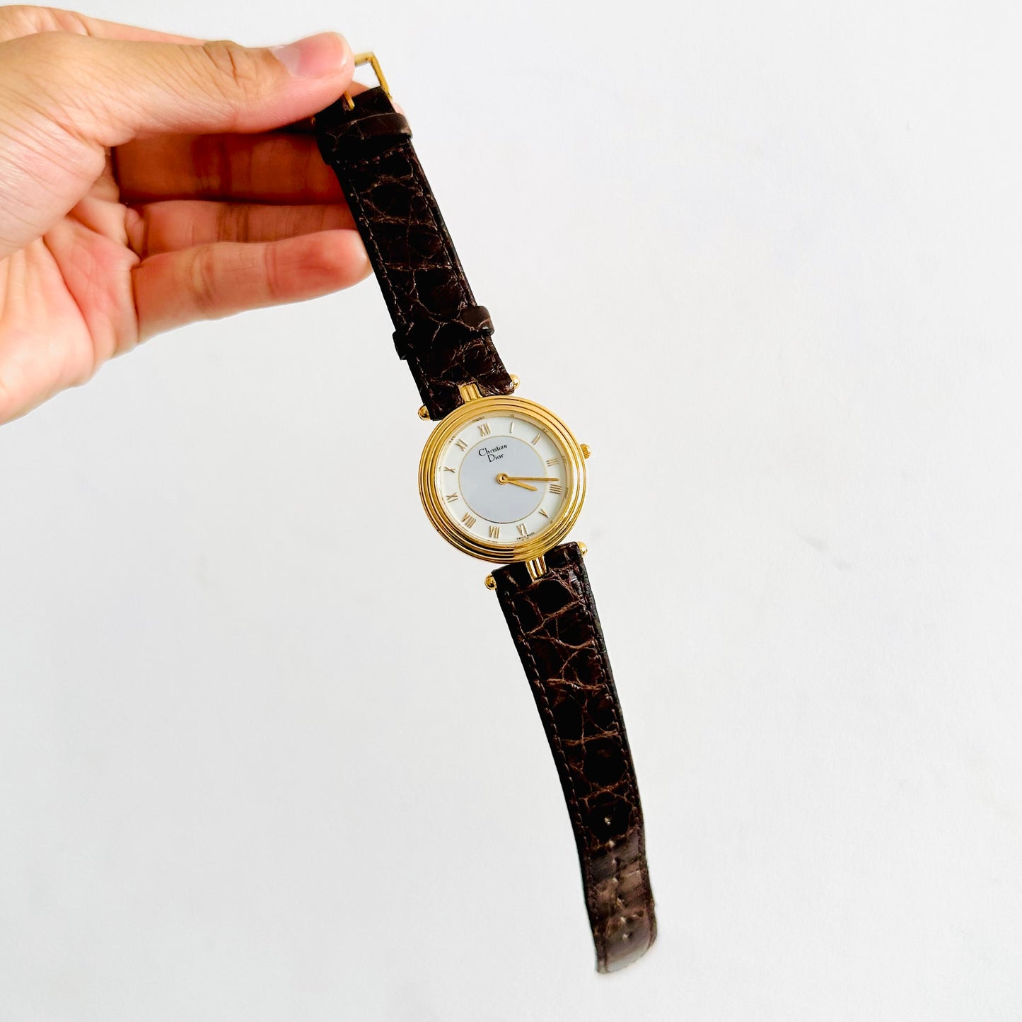 Christian Dior CD White & Gold Dial Stainless Steel Dark Brown Embossed Leather Strap 30MM Watch