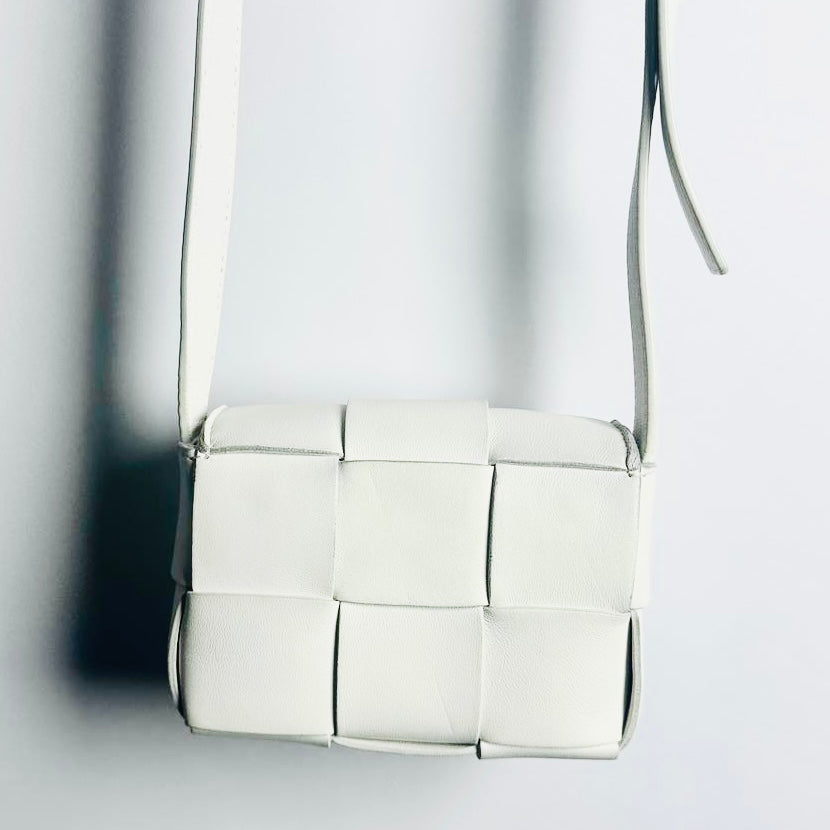 Bottega Veneta BV Cassette White GHW Woven Nappa Leather Mini Full Flap Shoulder Sling Bag