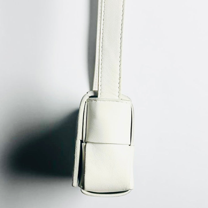 Bottega Veneta BV Cassette White GHW Woven Nappa Leather Mini Full Flap Shoulder Sling Bag