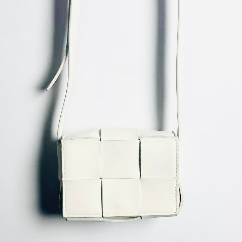 Bottega Veneta BV Cassette White GHW Woven Nappa Leather Mini Full Flap Shoulder Sling Bag