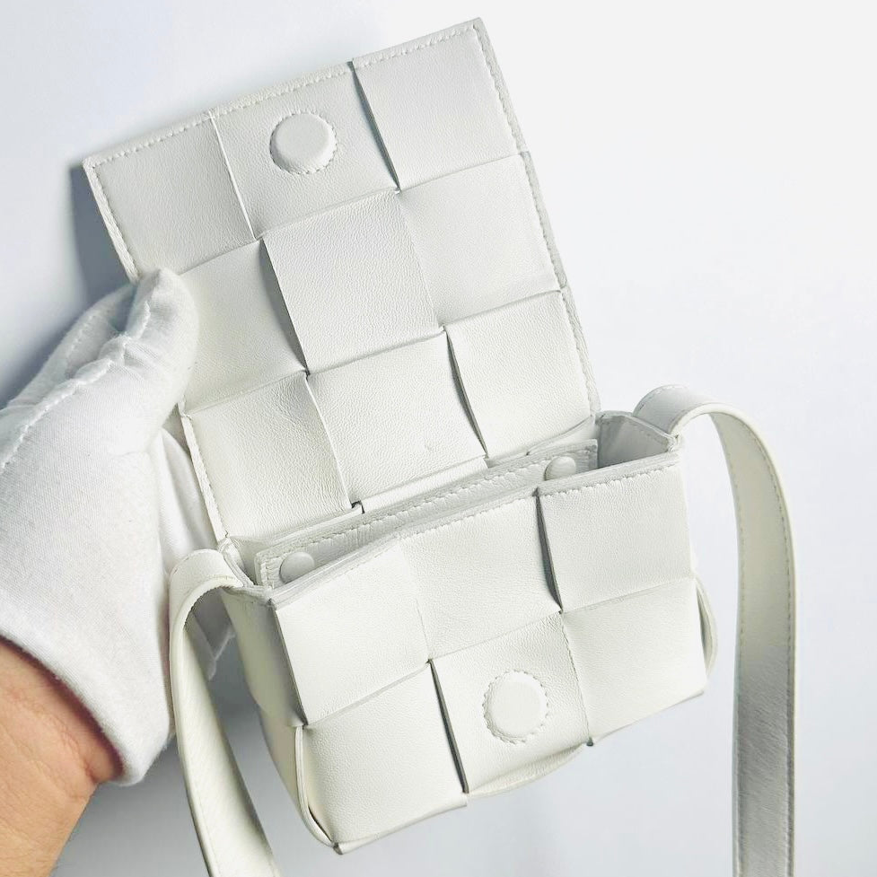 Bottega Veneta BV Cassette White GHW Woven Nappa Leather Mini Full Flap Shoulder Sling Bag