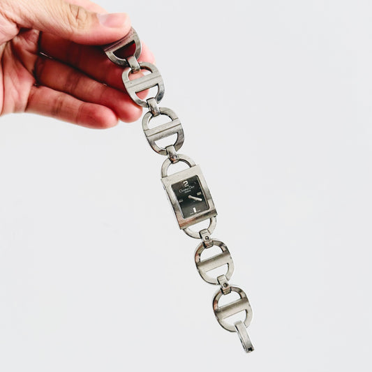 Christian Dior CD Black Dial Chunky Pandiora Malice Stainless Steel Monogram Logo 19MM Chain Bracelet Bangle Watch