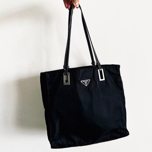 Prada Black Acciaio Tessuto Logo Classic Shopper Shoulder Tote Bag