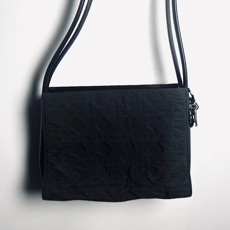 Christian Dior CD Dark Brown Lady Dior Charms Cannage Quilted Nylon Shoulder Sling Shopper Tote Bag