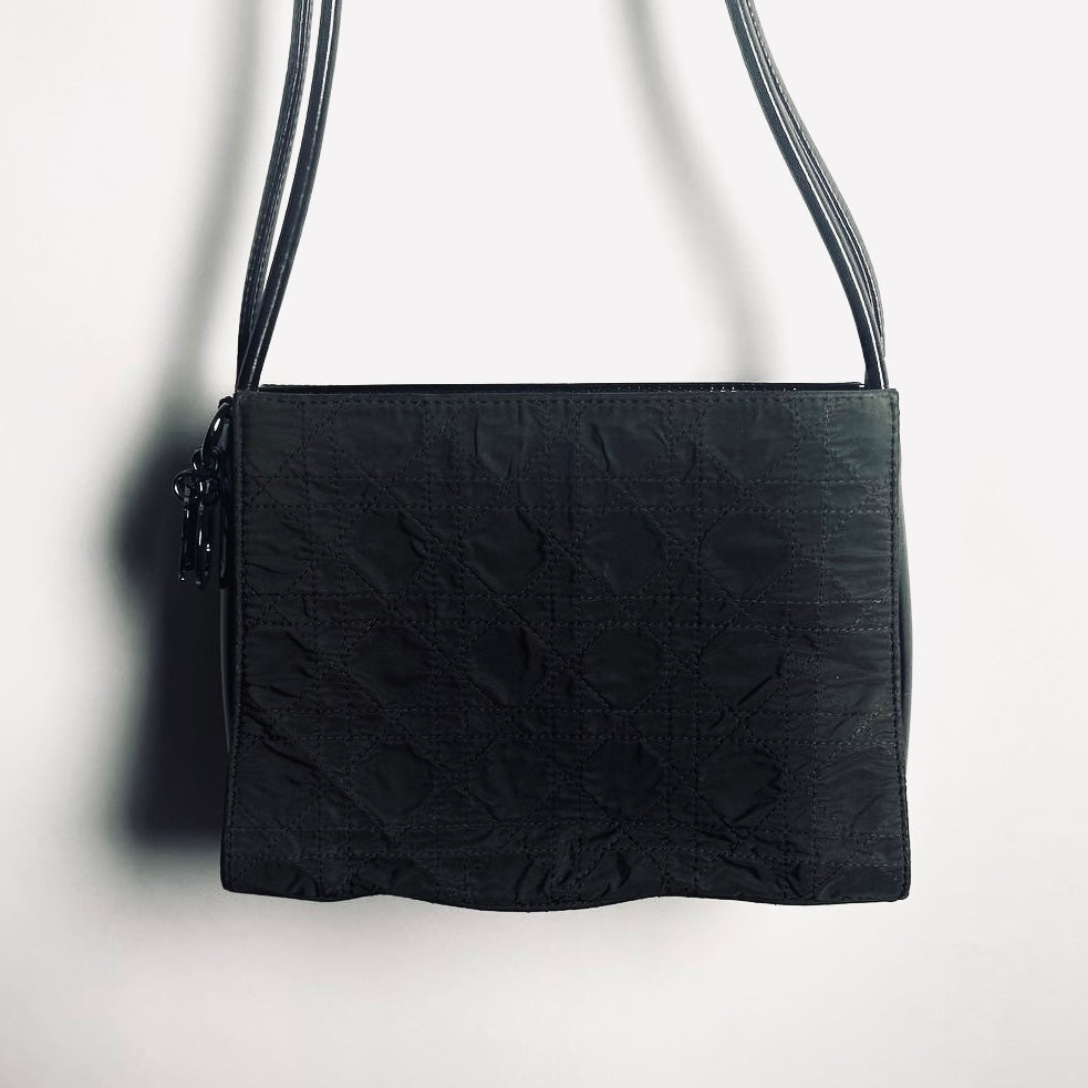 Christian Dior CD Dark Brown Lady Dior Charms Cannage Quilted Nylon Shoulder Sling Shopper Tote Bag